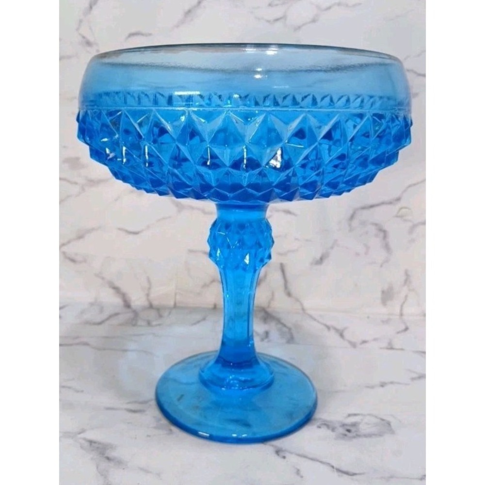 Indiana Glass Capri Diamond Point Blue Pedestal Compote Candy Dish Vtg